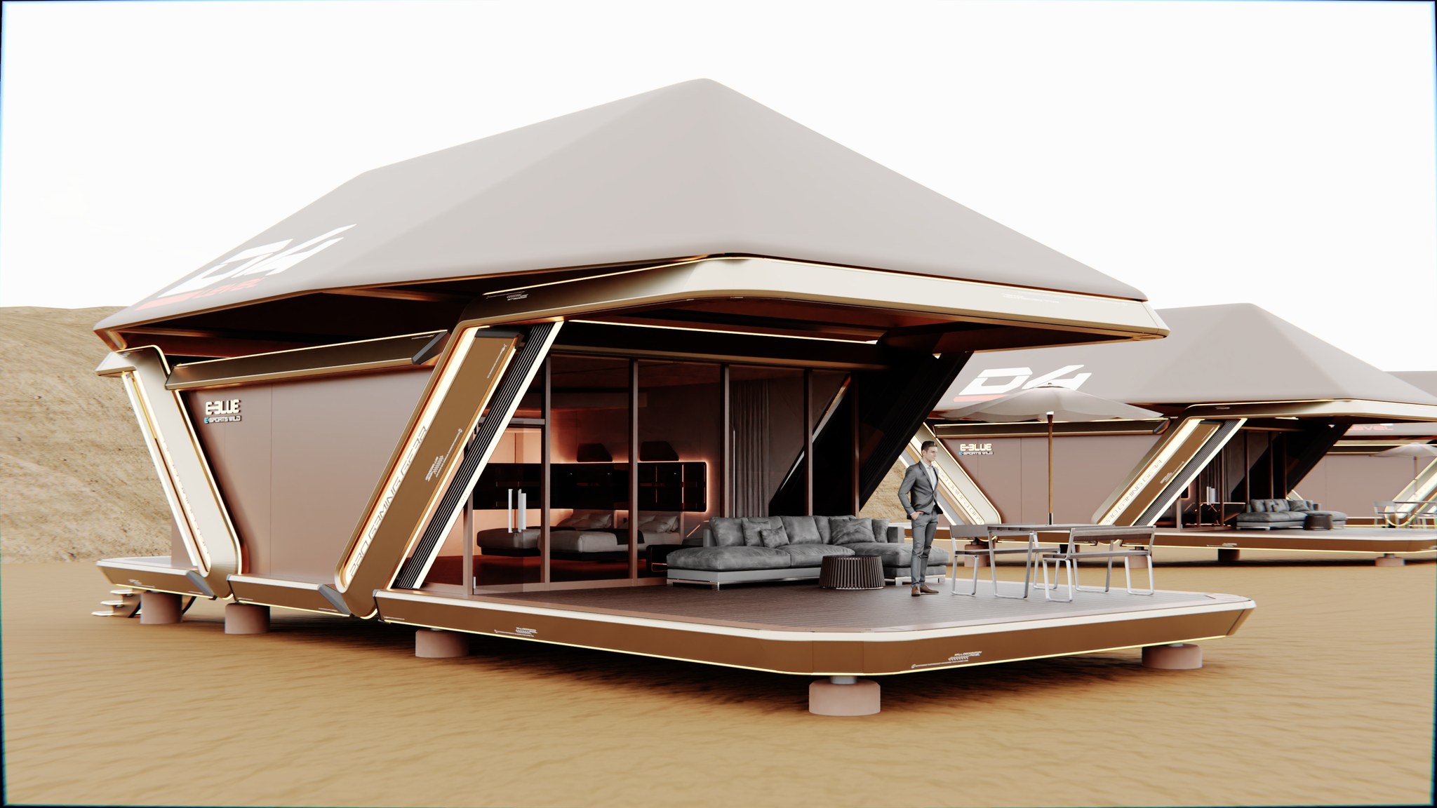 Capsulove Desert VIP egység hővédő tetősátorral és nagy terasszal, látványterv