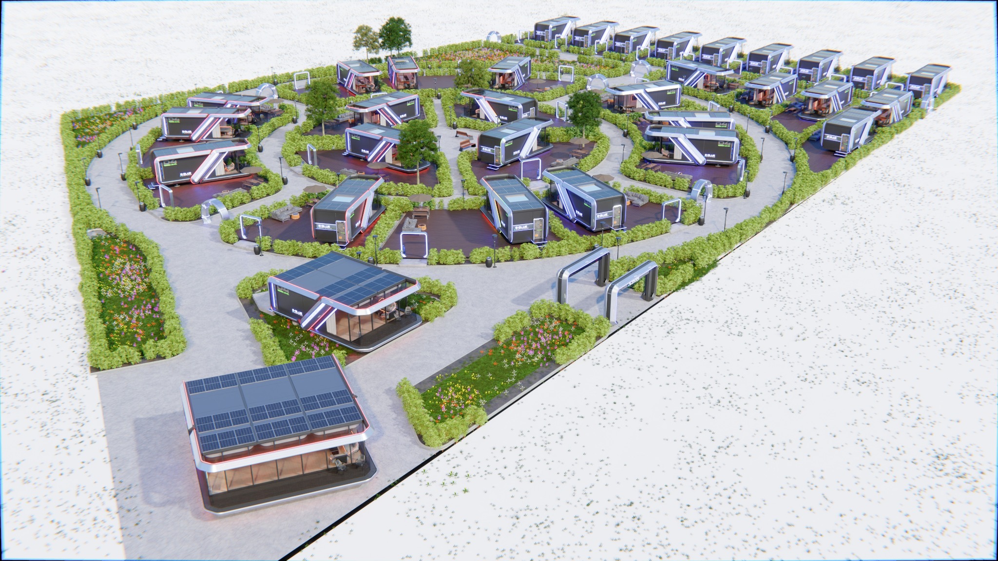 Capsulove egységekből szervezett glamping-park madártávlati látványterve